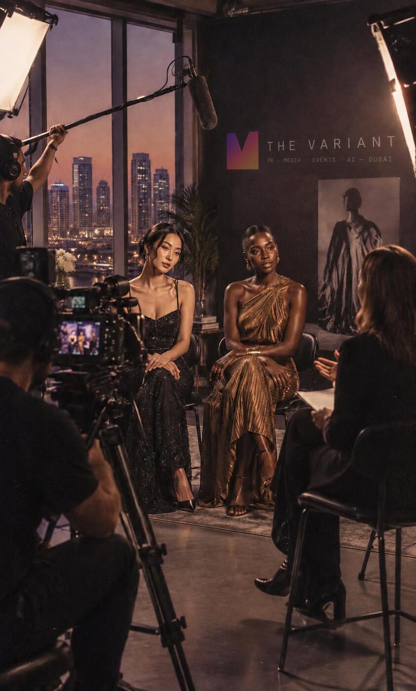 Fashion models interviewed on camera on a media set in Dubai