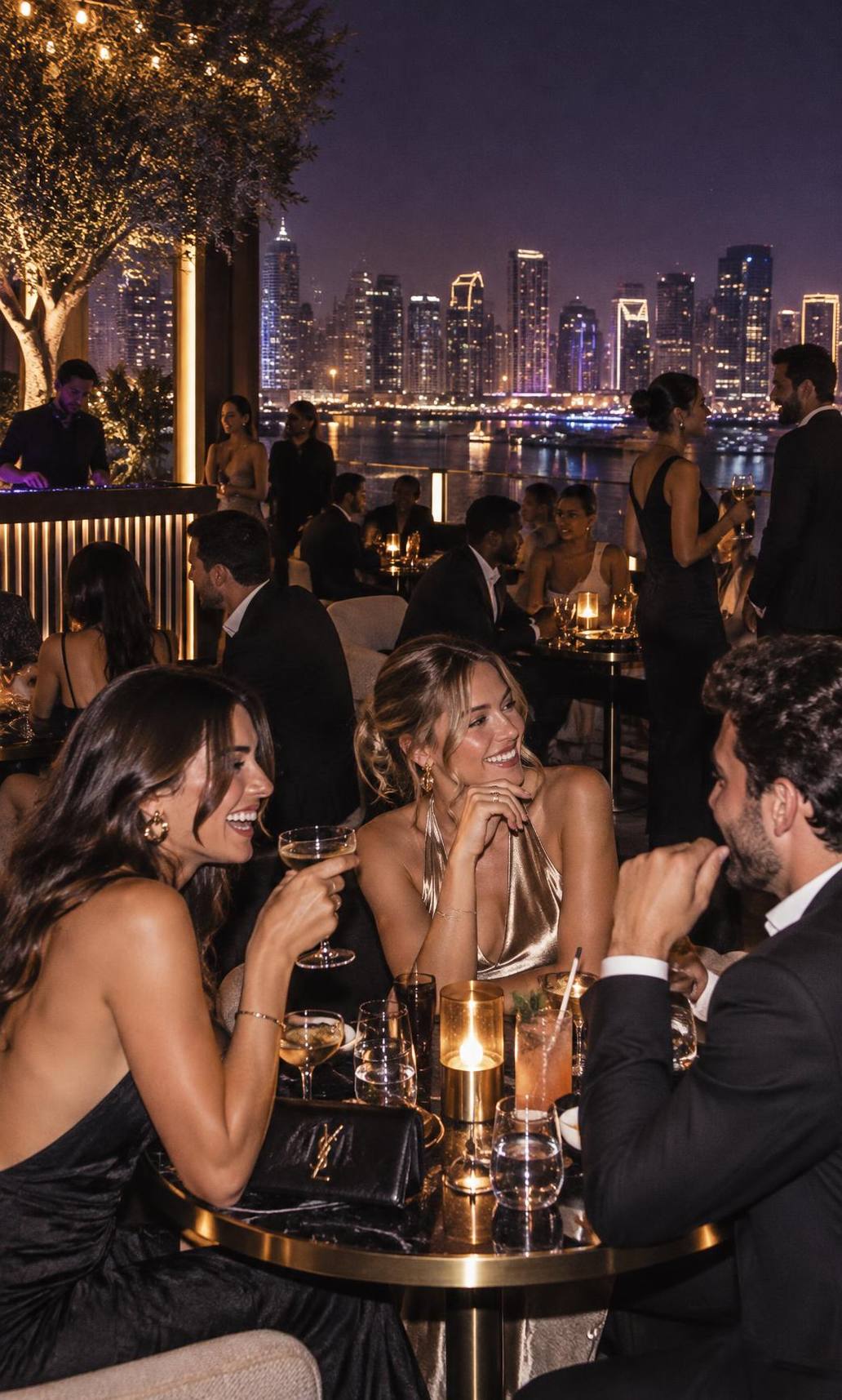 Guests dining and drinking at an upscale Dubai rooftop venue at night